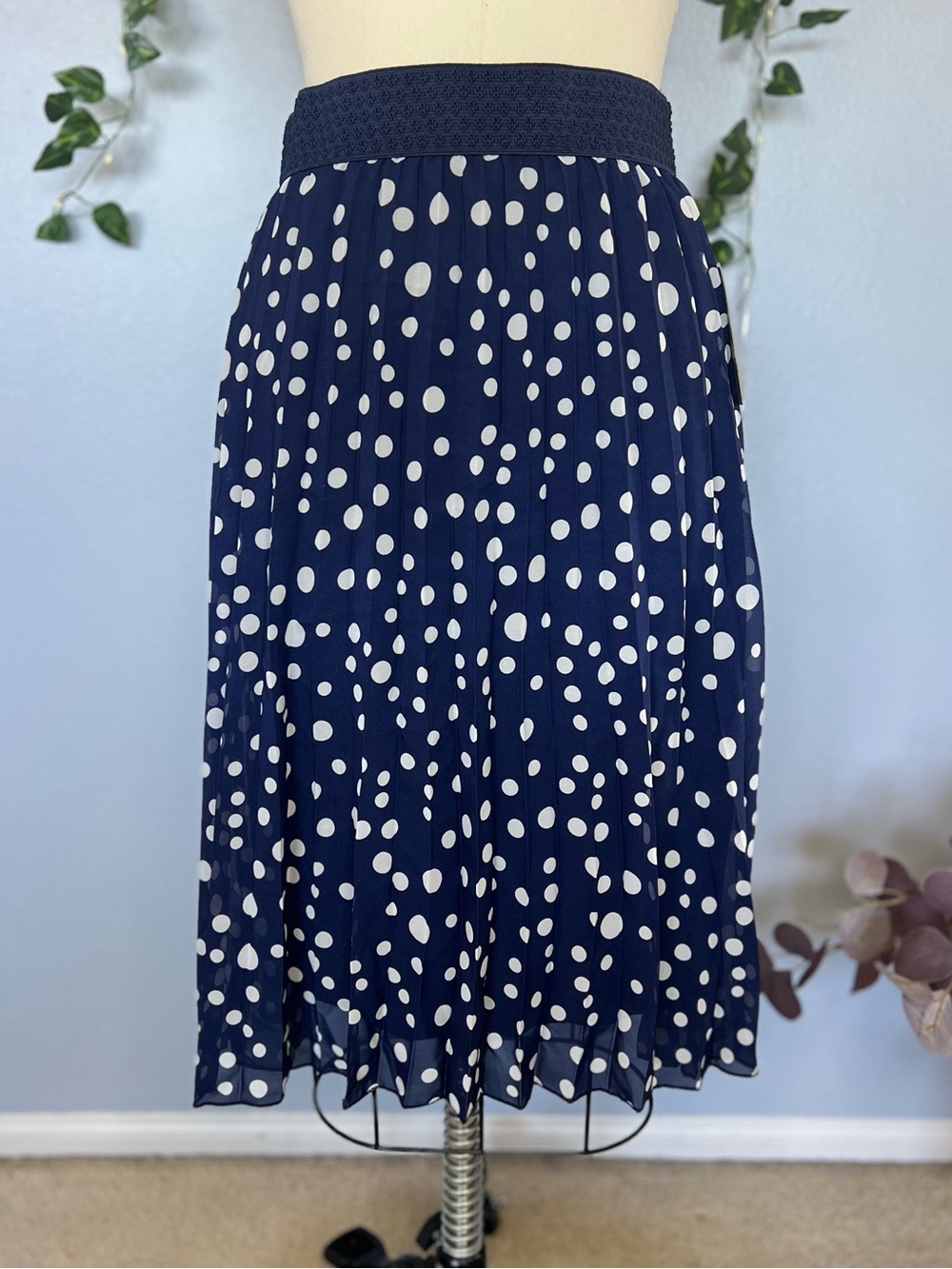 Metrowear Navy and White Polka Dot Midi Skirt